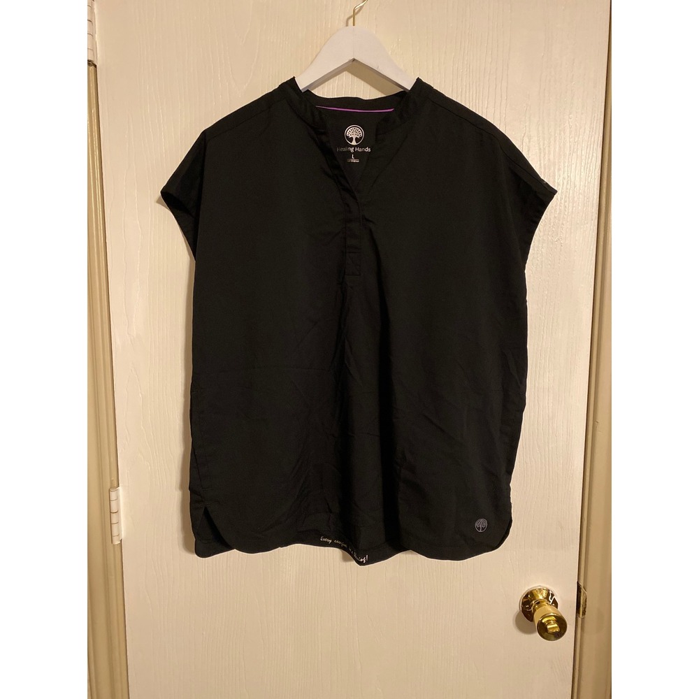 Healing Hands Black Scrub Top Mandarin Collar V-Neck Short Sleeve Large